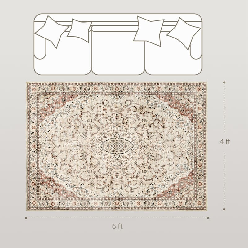 HOMCOM Area Rug 4x6, Machine Washable Rug, Non-Slip Classical Floral Print Floor Cover Foldable Carpet for Living Room - 3'6"