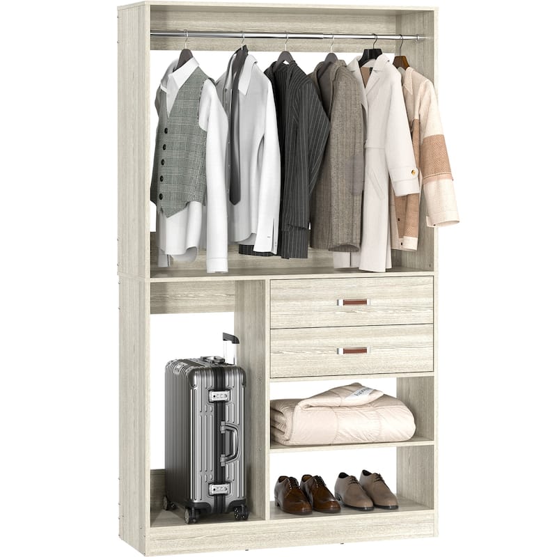 Rackcog Freestanding Closet Organizer with Hanging Rod, Closet System Wardrobe with Wood Drawers