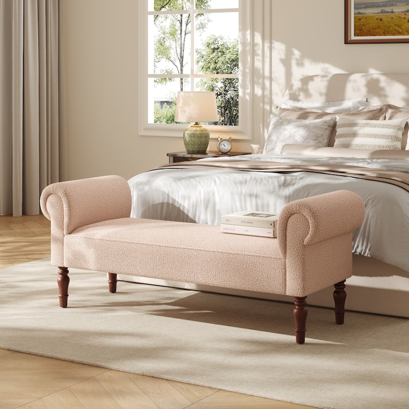 Christopher Knight Home - Elric Teddy Upholstered Bench with Rolled Arms and Solid Wood Legs - Light Khaki