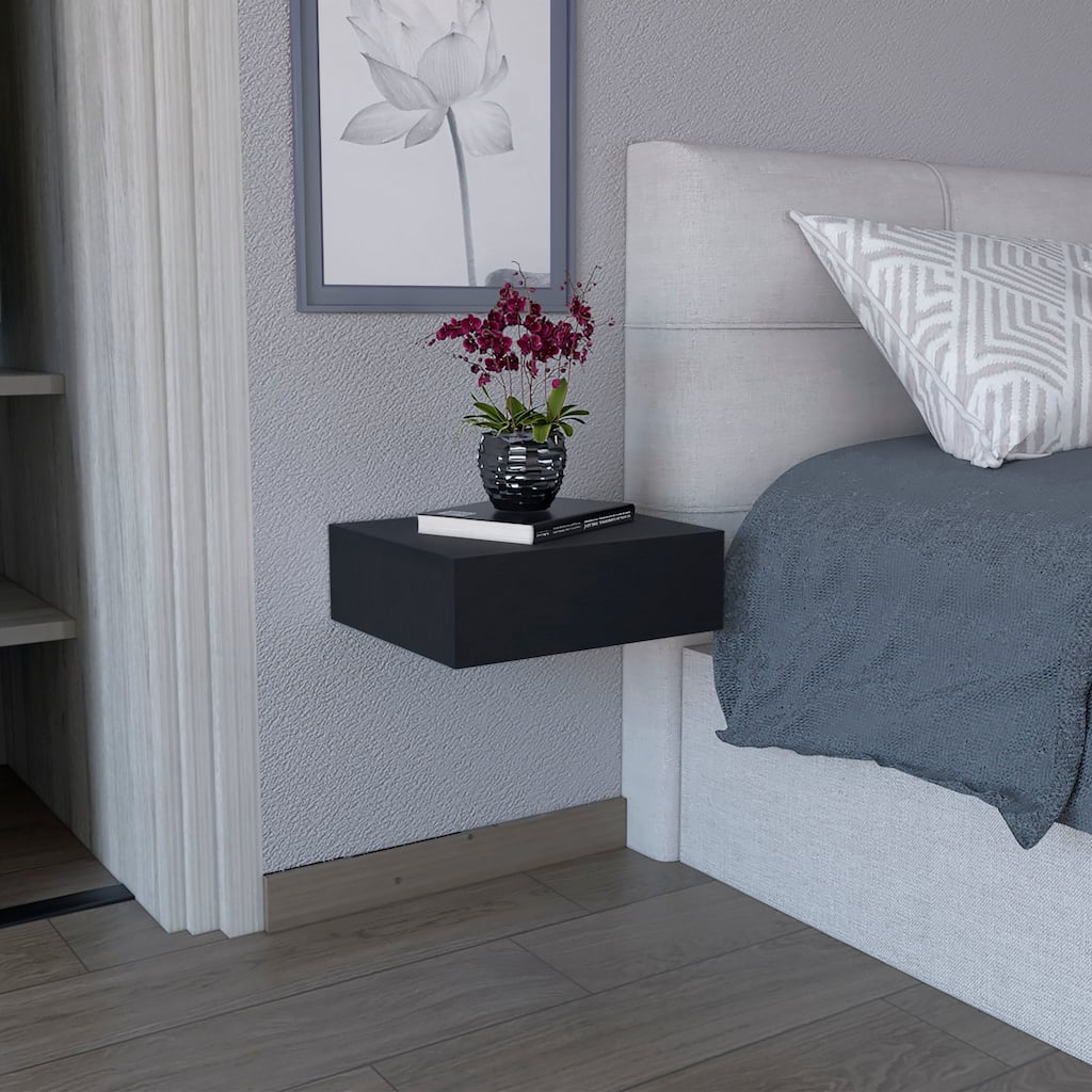 Floating Wall-Mounted Nightstand with Drawer, Black - Space-Saving Bedroom or Living Room Table