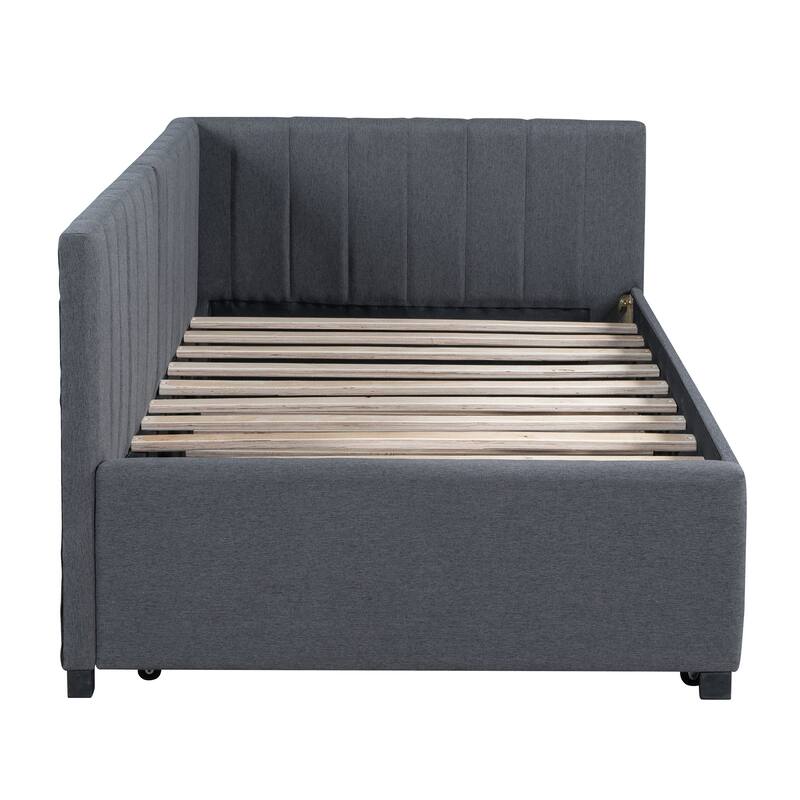 Upholstered Daybed with Trundle Twin Size Sofa Bed Frame No Box Spring Needed, Linen Fabric(Beige)
