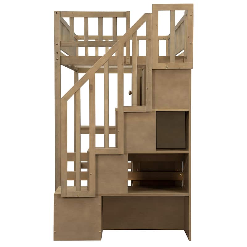 Roomfitters Twin Wood Loft Bed with Built-in Desk, Storage Cabinets and LED Light