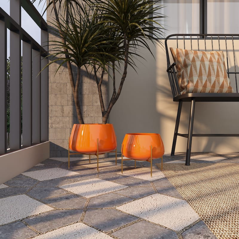 Metal Rounded Dome Indoor Outdoor Planter with Removable Stands - Set of 2 Teal, Yellow, Orange - Roche River Decor