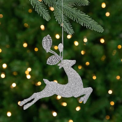 5.5" Silver Glitter Leaping Reindeer Christmas Ornament