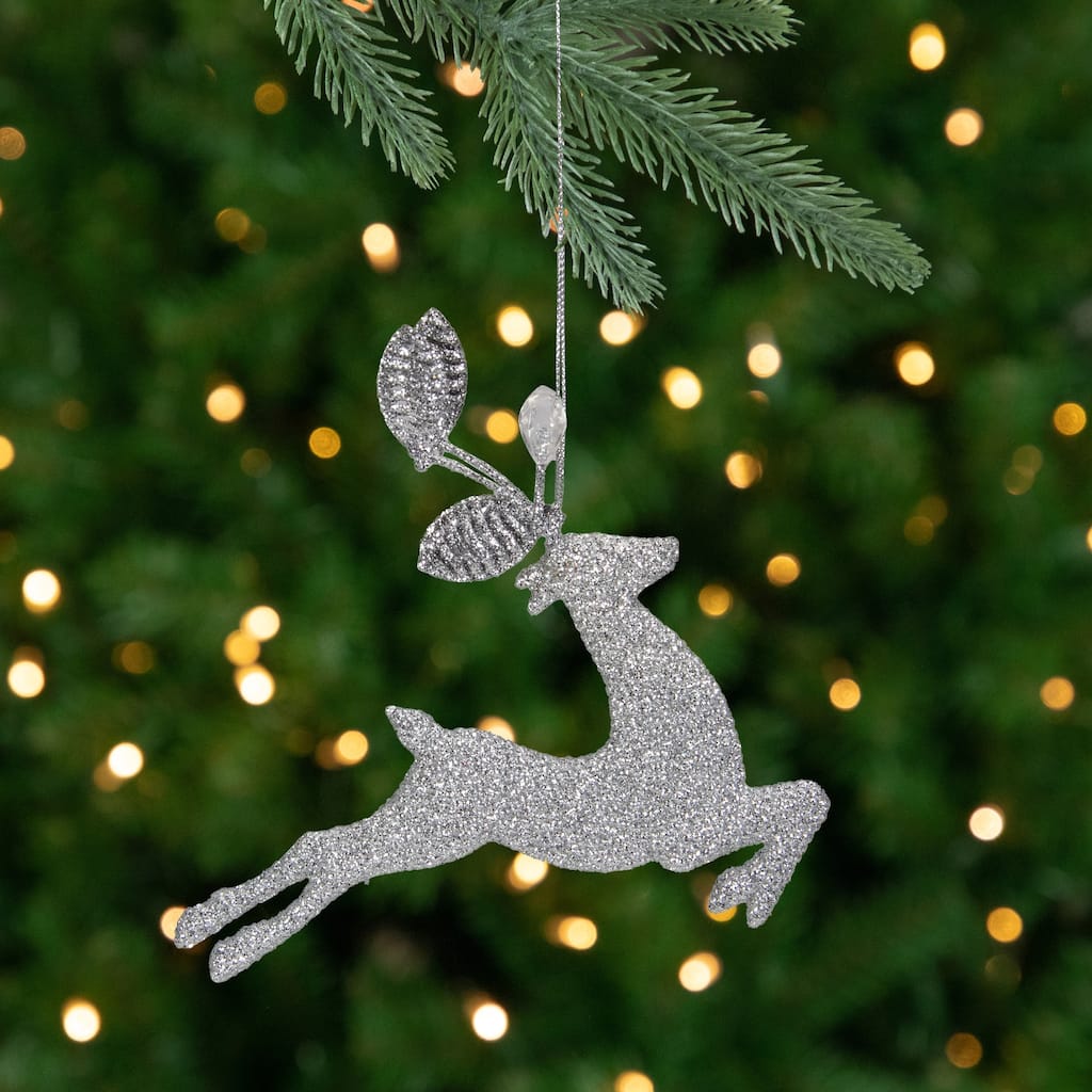 Leaping Glitter Drenched Reindeer with Faux Gem Christmas Ornament - 5.5" - Silver
