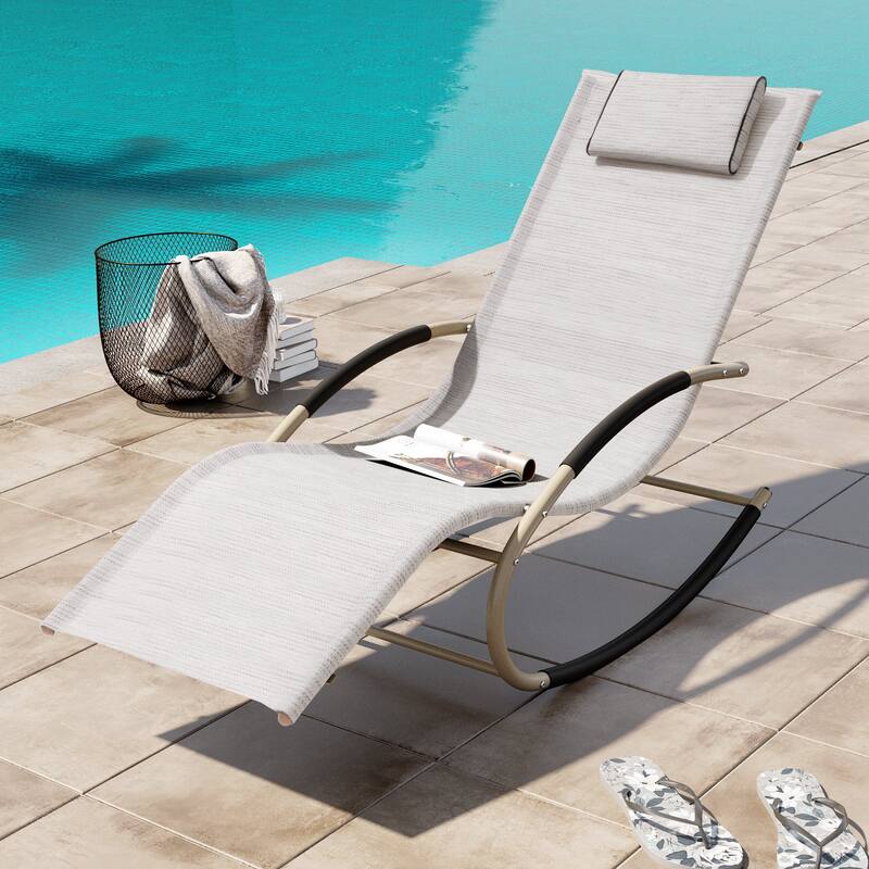 Outdoor Patio Rocking Chair Curved Rocker Chaise Lounge Chair with Pillow