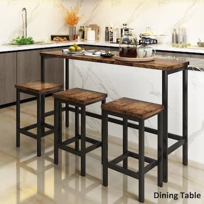 4-Piece Counter Height Extra Long Dining Table Set with 3 Stools Pub Kitchen Set Side Table with Footrest