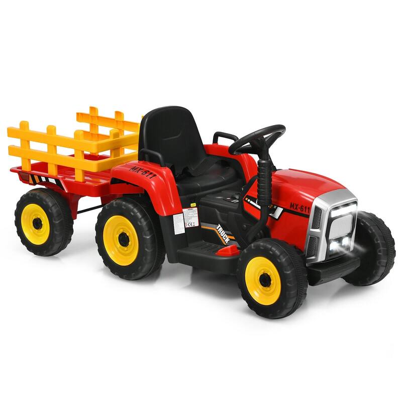 12V Rechargeable Battery Kids Ride-On Tractor with Trailer and Parental Remote Safety Belt - 53" x 20" x 20.5" - Red