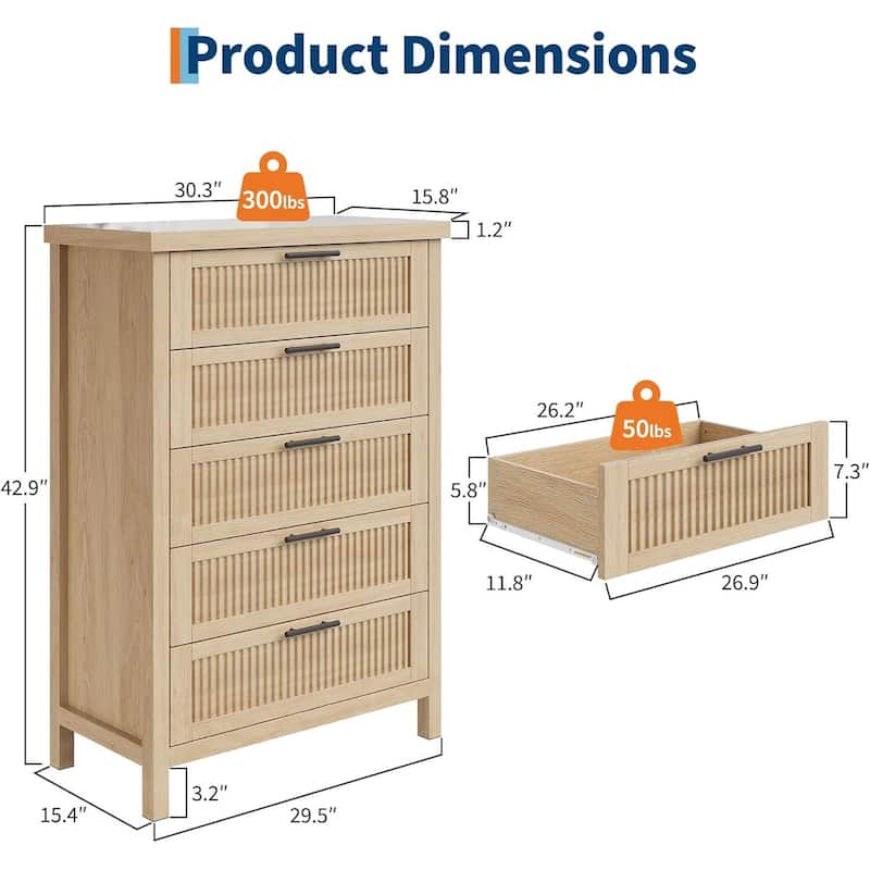 Modern Fluted Dresser with 5 Storage Drawers, Organizer Cabinet for Living Room, Bedroom