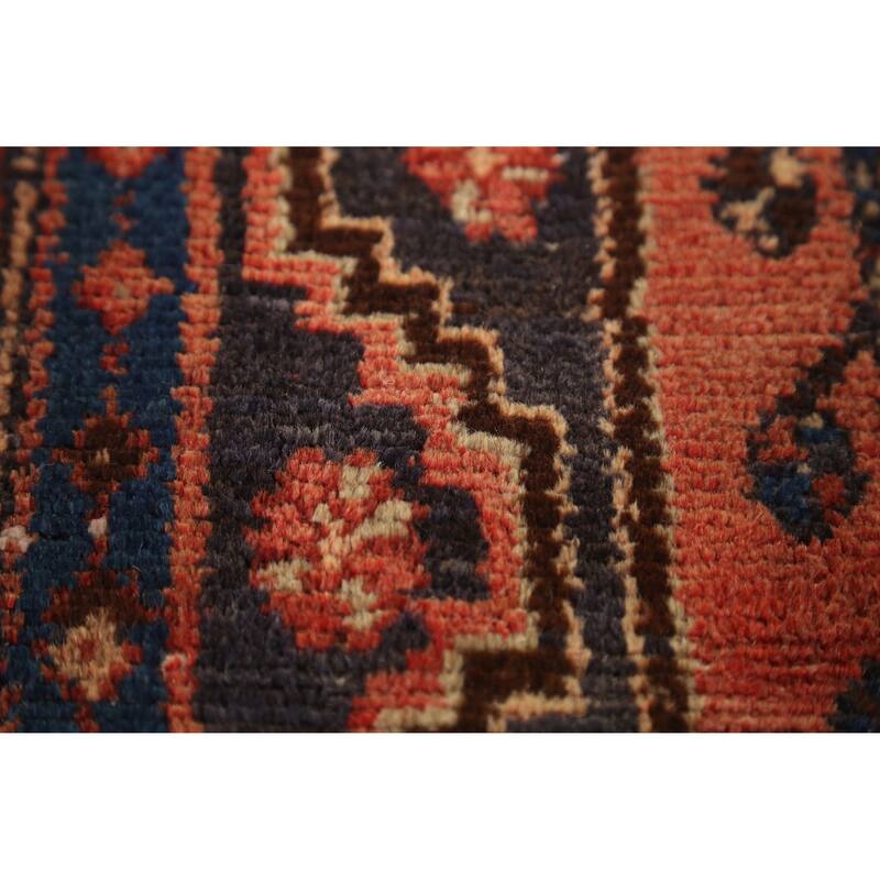 Hand Knotted Oriental 100% Wool Carpet Traditional Geometric Navy Blue & Blues Hamedan Runner Rug - 8' 9'' X 3' 8''