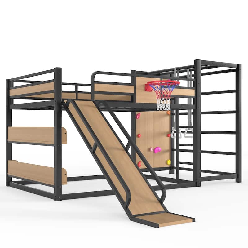 Full/Twin Metal Loft Bed with Basketball Hoop, Climbing Wall & Slide
