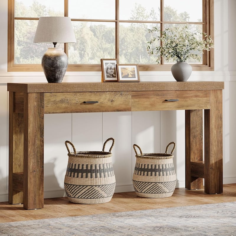 63 Inches Console Table with 2 Drawers, Wood Entryway Table with H-Shaped Legs - Brown
