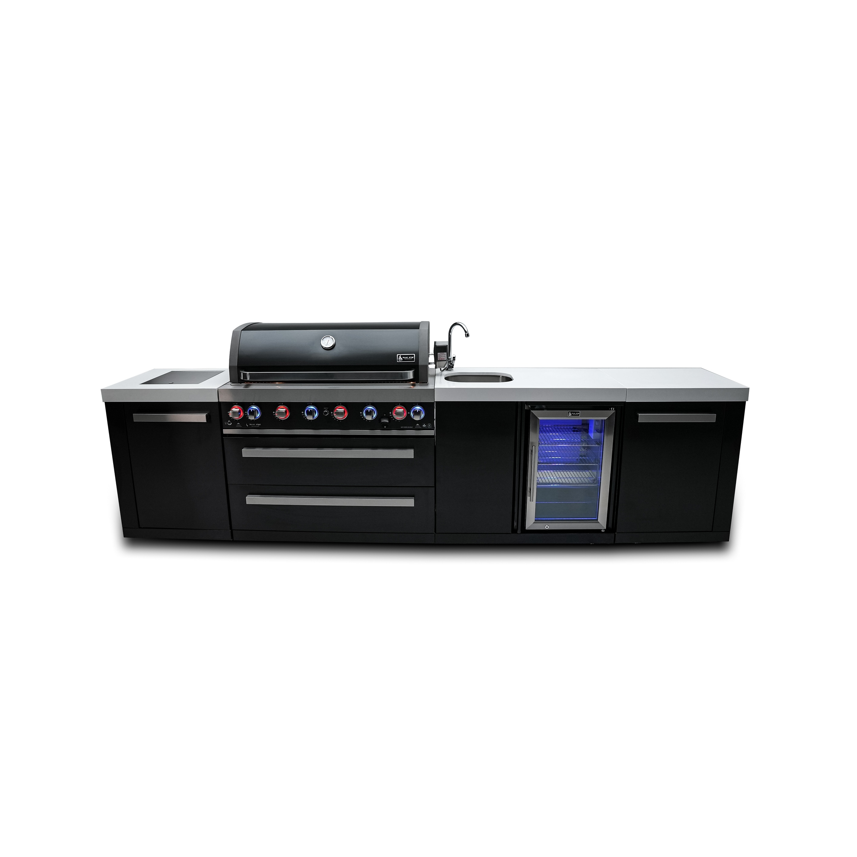 Mont Alpi 132"W Black Stainless Steel Premium Outdoor Kitchen Island with Refrigerator Faucet & Sink + 44"W 6-Burner BBQ Grill