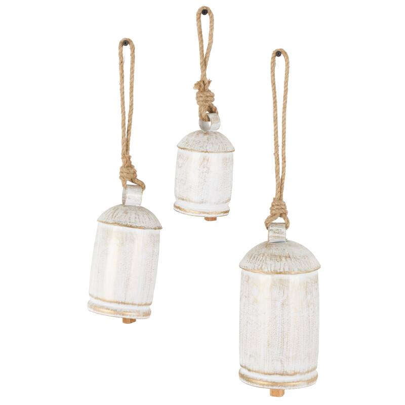 Metal Tibetan Inspired Indoor Outdoor Decorative Cow Bells with Jute Hanging Rope (Set of 3) - Set of 3 - 10",8",6"H