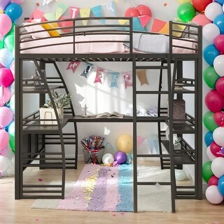 Modern Full Size Loft Bed With 4 Layers Of Shelves And L-shaped Desk,Sockets,USB Ports,Wireless Charging