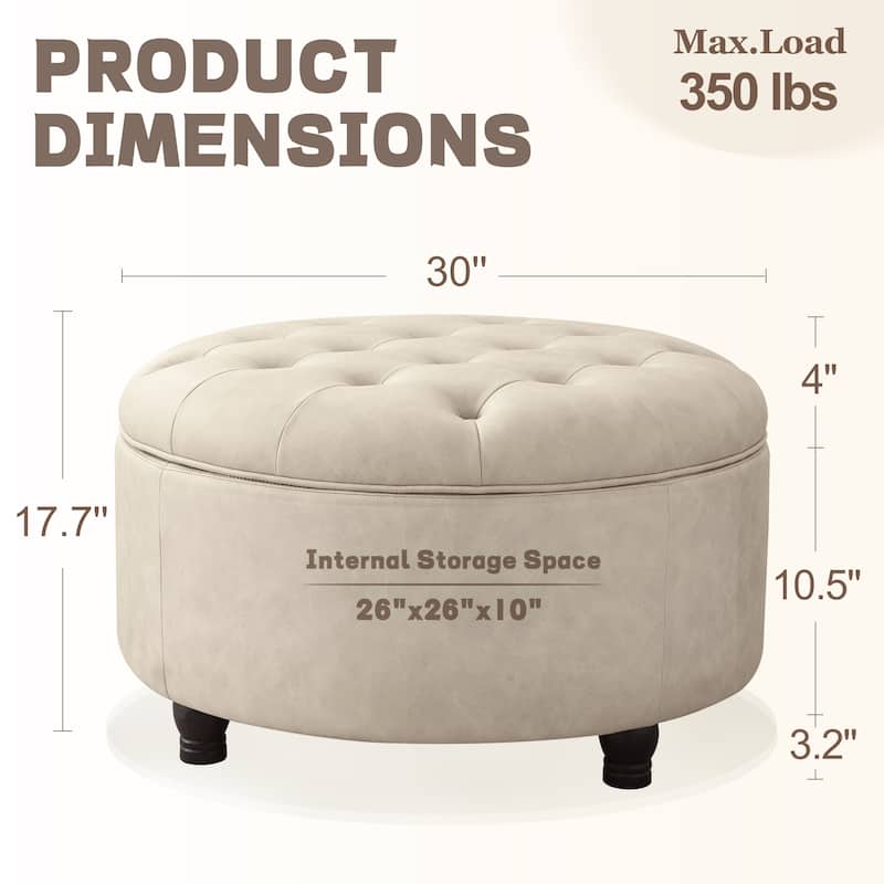 Tufted Round Storage Ottoman, Faux Leather