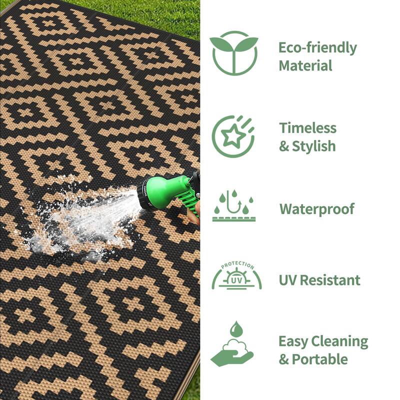 Reversible Charcoal Geometric Flat-Weave Recyclable Outdoor Rug