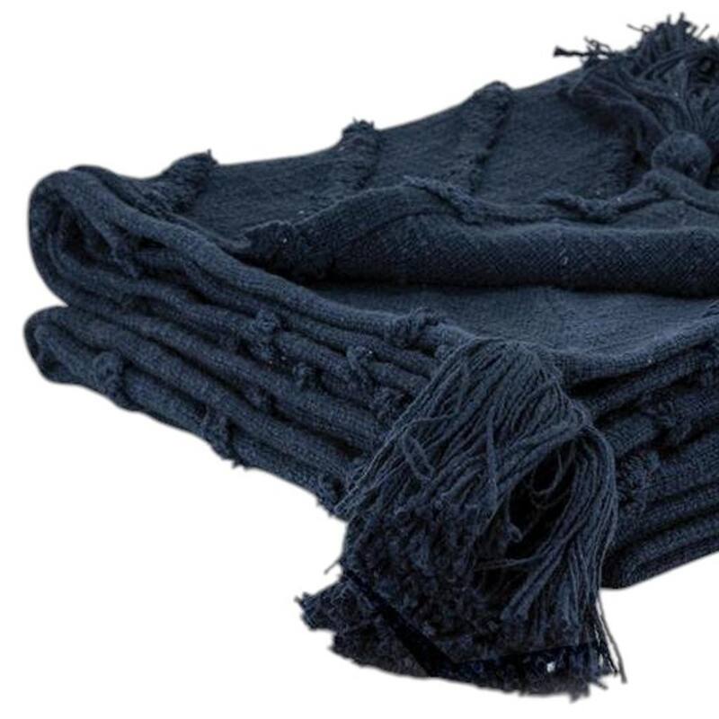 HomeRoots 50" X 60" Blue Cotton Woven Geometric Throw Blanket with Tassels