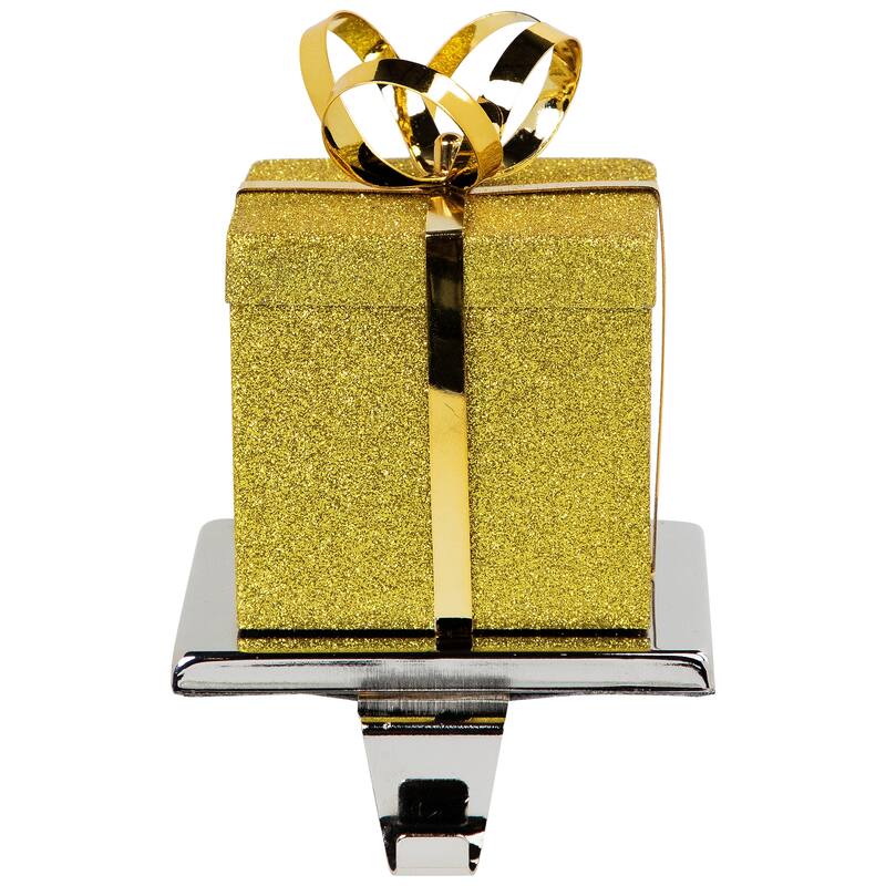 5.5" Glitter Gold and Silver Gift Box Metal Christmas Stocking Holder