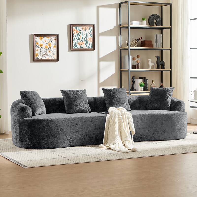 Curved Loveseat Sofa, 110'' Chenille 2-Seater Couch Deep Seat Sectional Couch with 3 Plush Pillows - Grey