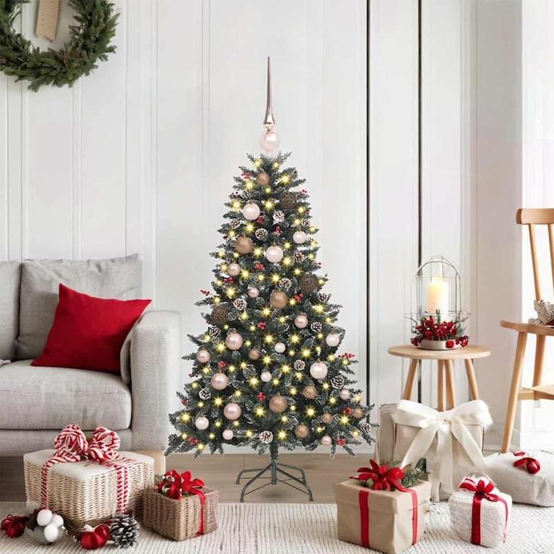vidaXL Artificial Christmas Tree White 59.1" PVC - White with LEDs and white/grey balls - 7 Foot