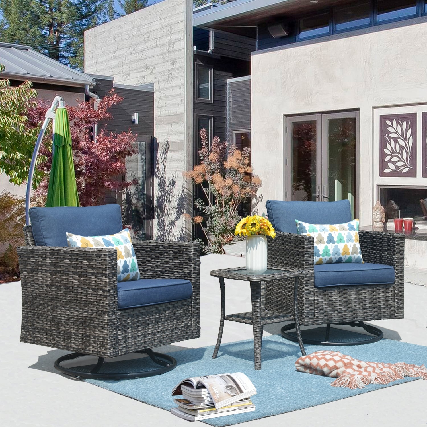 OVIOS 3-piece Patio Wicker Swivel Rocking Chairs Set