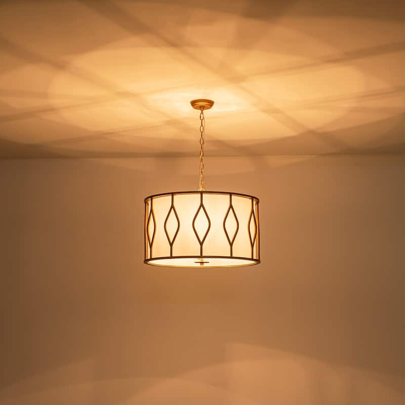 4-Light Industrial Farmhouse Antique Gold Drum Pendant Light with White Fabric Shade - 23.62 in. W x 16.54 in. H