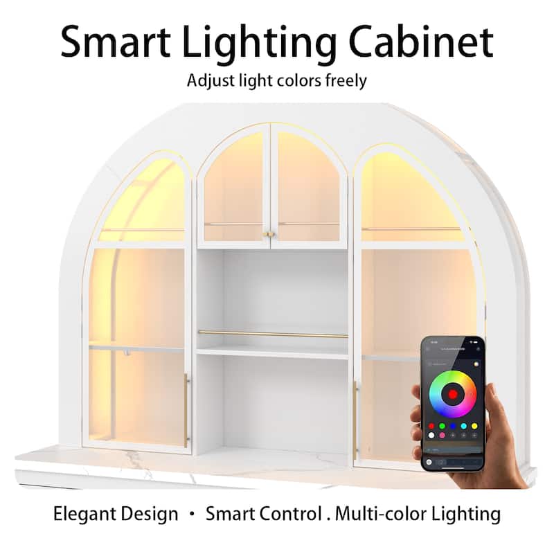63" Arched Display Cabinet with LED Lights, Modern Buffet Sideboard with Glass Doors, Large Storage Credenza Bookshelves
