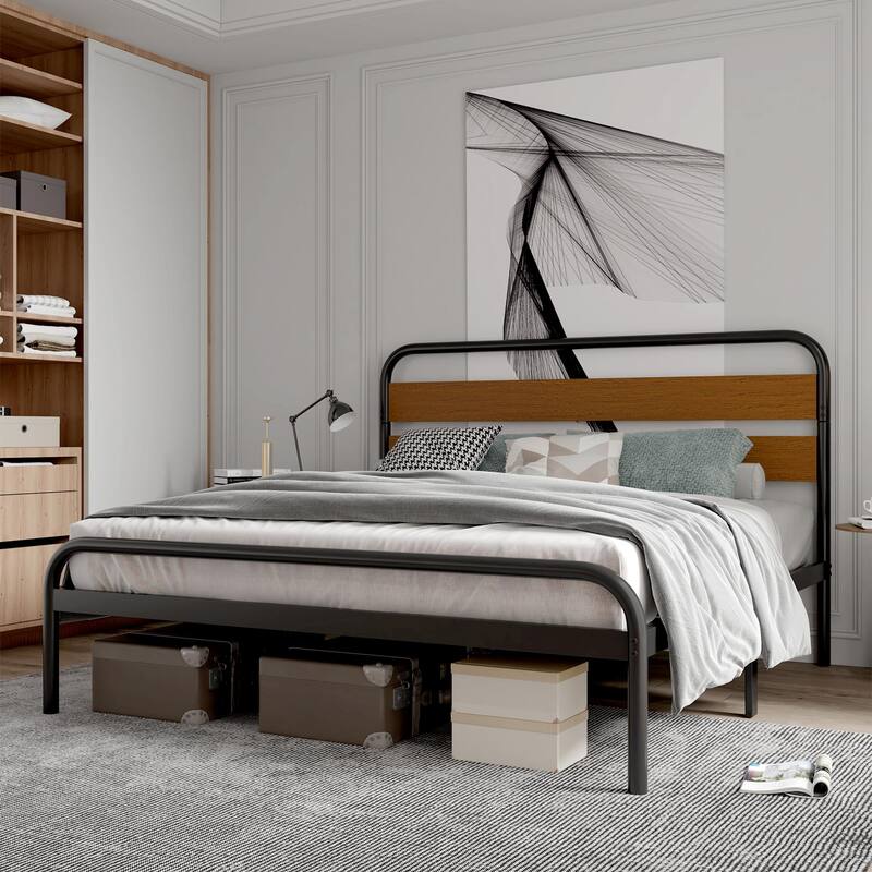 Platform Bed Frame with Wood Headboard, Heavy Duty Metal Slat Support, Noise Free Design