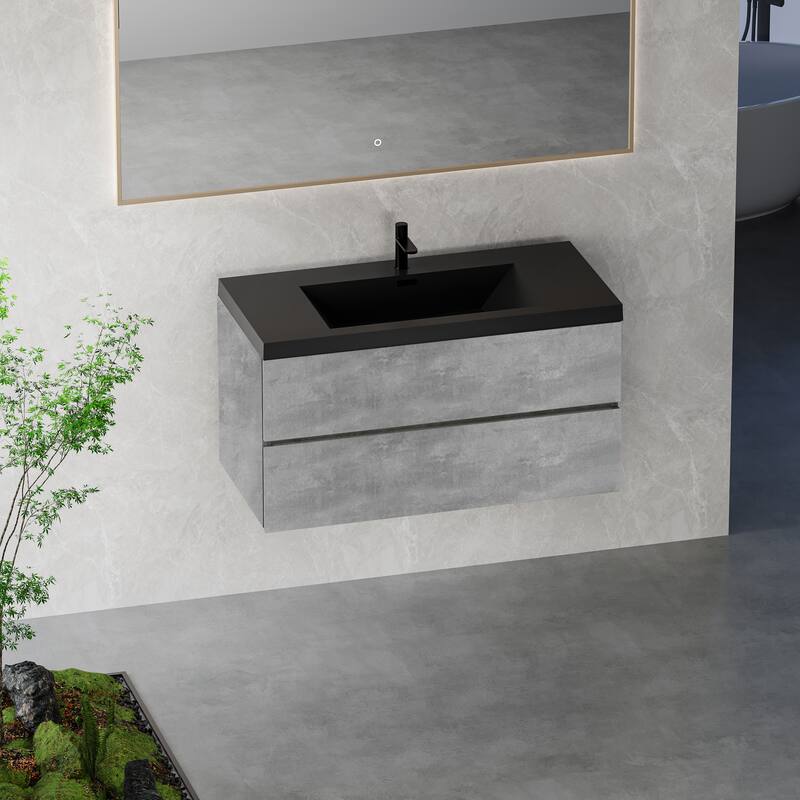 GDFStudio - Carter Floating Bathroom Vanity with Quartz Sand Countertop & Soft-Close Drawers