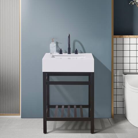 Altair Edolo Stainless Steel Vanity Console in Matt Black with Stone Countertop,no Mirror