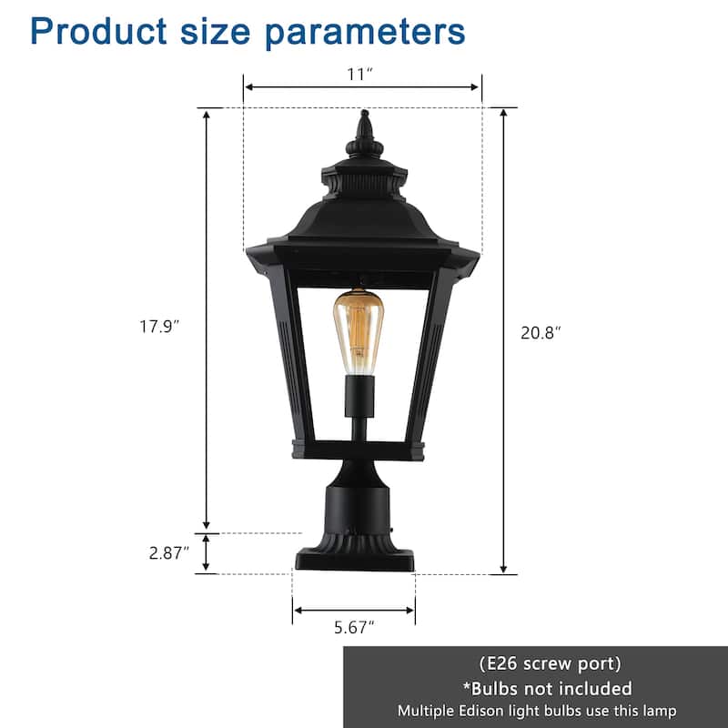 Single Pack Outdoor Post Lantern Light - Classic Black Metal and Clear Glass Pillar Lamp (Light Bulb Not Included)