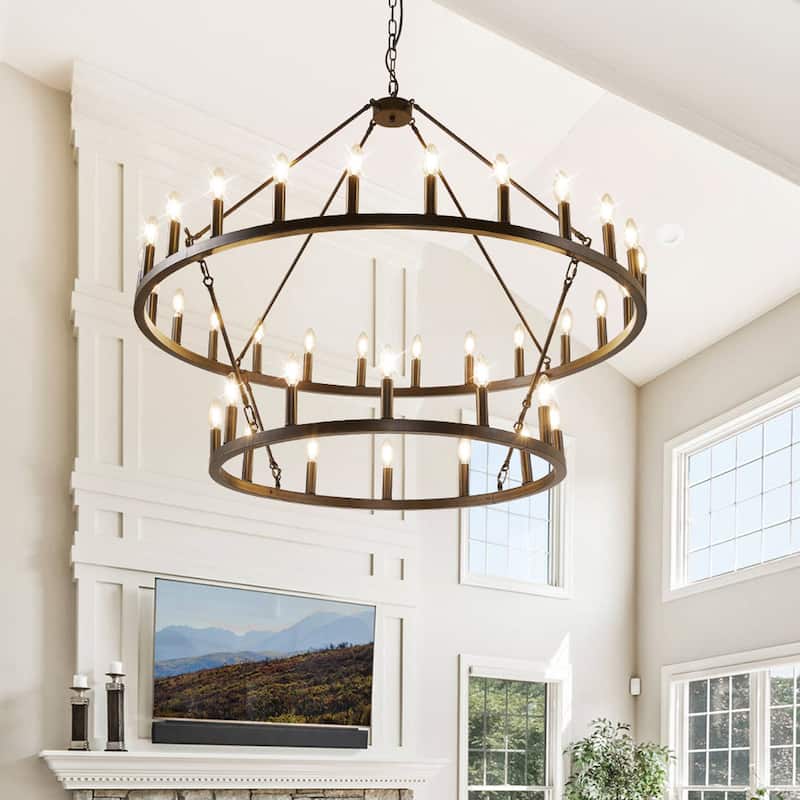 Modern Farmhouse Chandelier 2 Tier Round Wagon Wheel Chandelier Large High Ceiling Light. - 47 Inch - Black