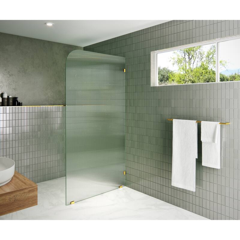 Glass Warehouse 40" x 78" Frameless Shower Door - Single Fixed Panel Fluted Frosted Radius - 40 Inch - Right - Satin Brass