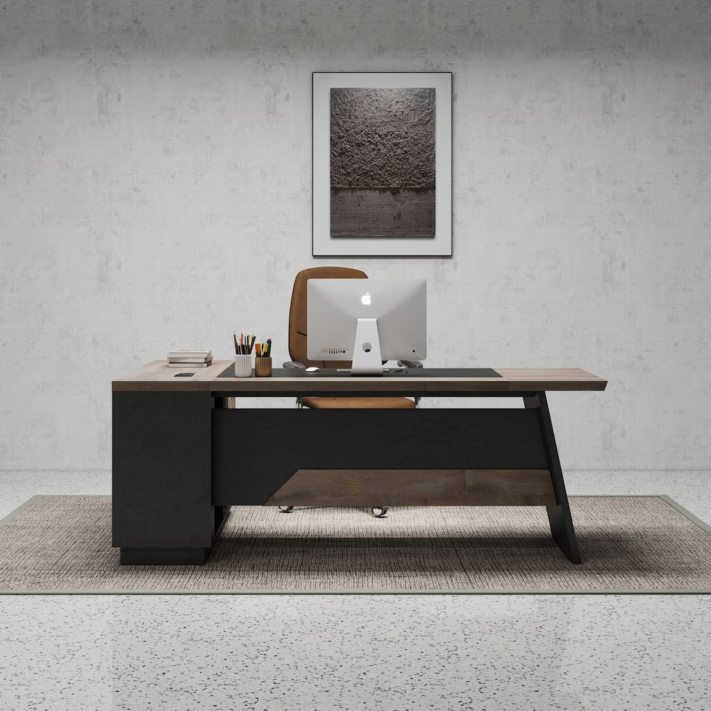 Black/Wood L-Shaped Executive Desk with Cabinet Built-In Outlet