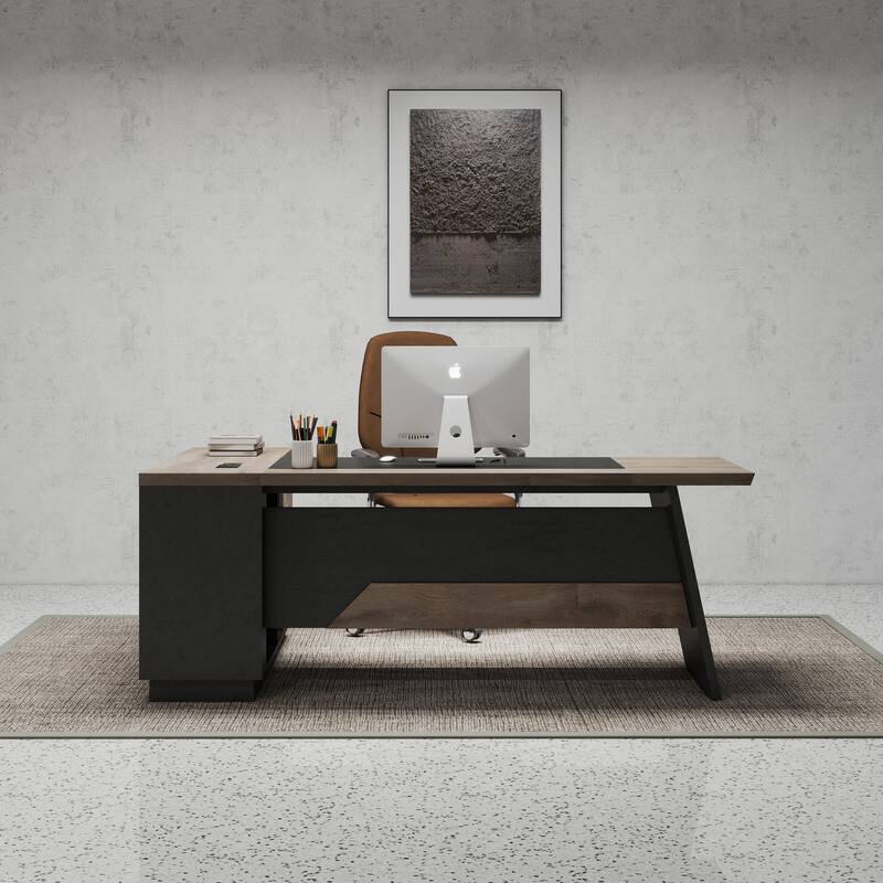 WESOME Black/Wood L-Shaped Executive Desk with Cabinet Built-In Outlet(LP002)