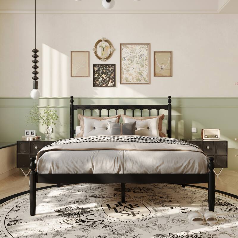 Solid Wood Bed Frame: Classic American - style Design with Black Finish and Rounded Post - tops