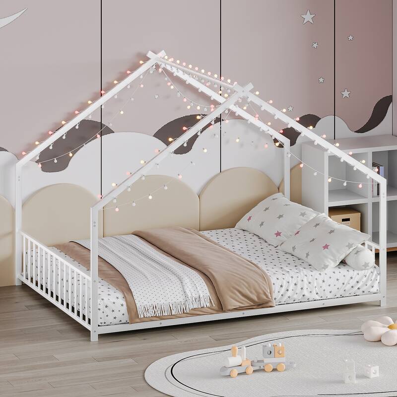 Full size children's bed frame with LED light strips, roof-shaped iron frame bed, White