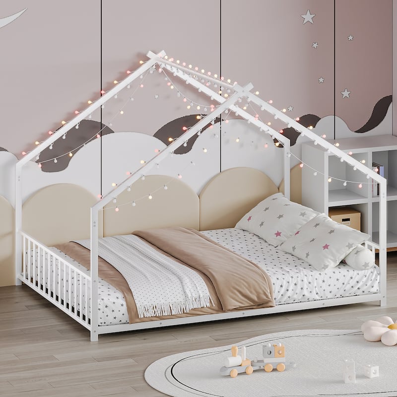 House-shaped Bed Frame, Toddler Kid Iron Floor Bed with House Roof Frame and LED Light Strips, House Daybed