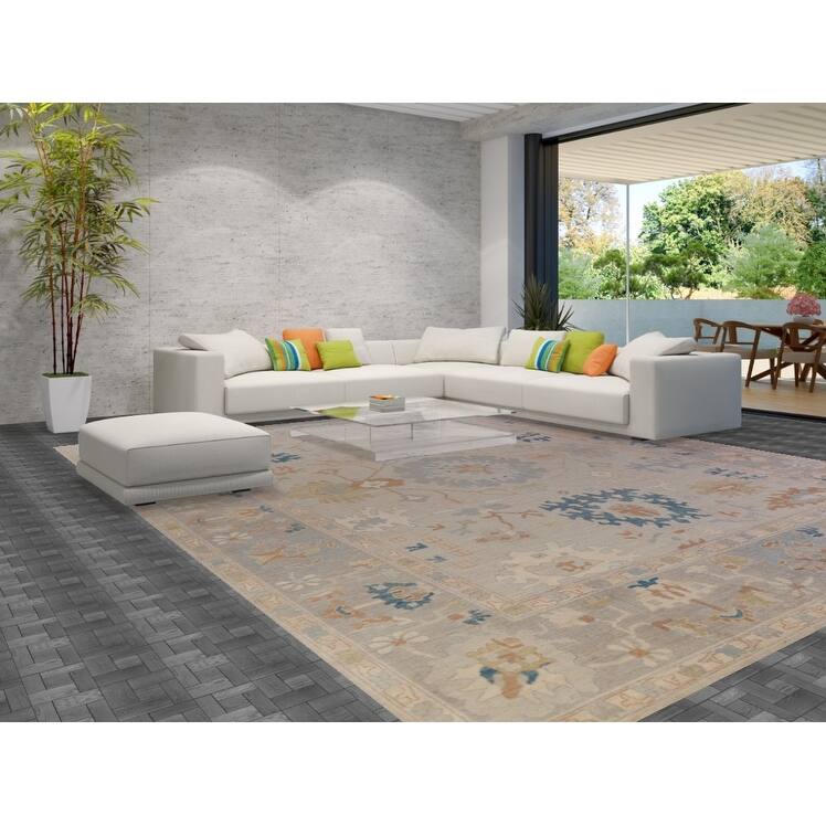 Vegetable Dye Oushak Turkish Rug Hand-Knotted Beige Wool Carpet - 12'6" x 14'9"
