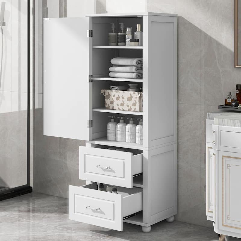 GDFStudio - Rowan Tall Freestanding Bathroom Storage Cabinet with Two Drawers and Adjustable Shelf - White - Freestanding Storage Cabinet