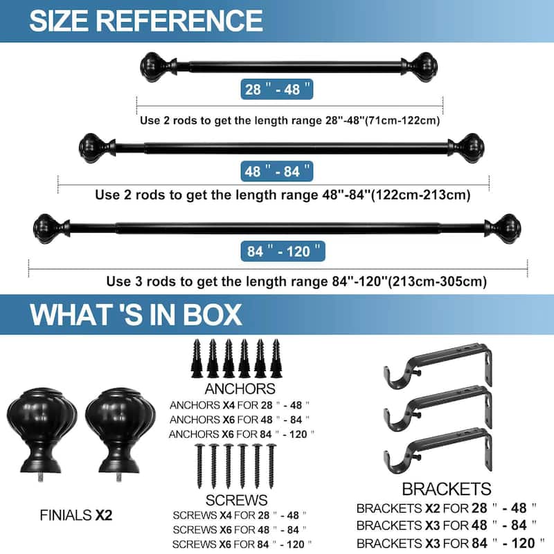 1-inch Diameter Doorknob Adjustable Single Drapery Curtain Rod