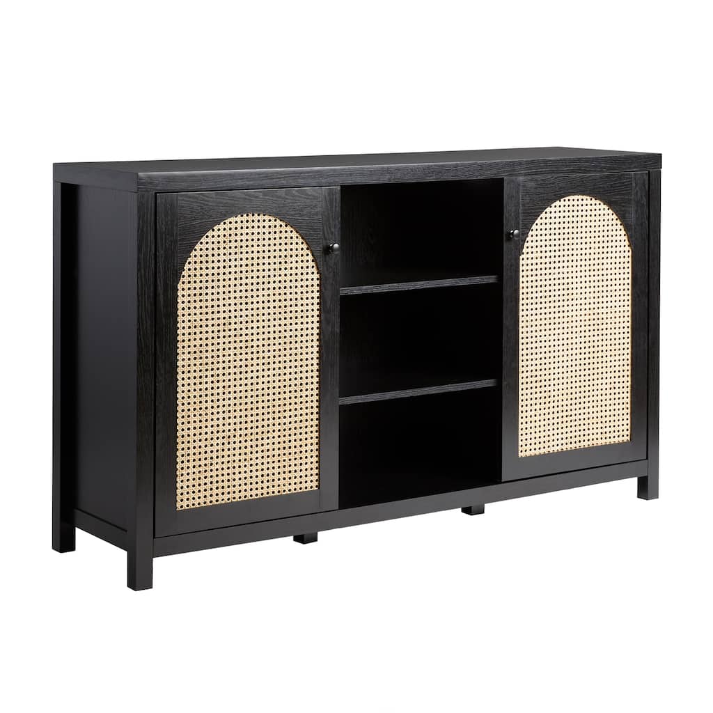 Transitional 58" 2-Door Sideboard with Arched Rattan Panels, Black