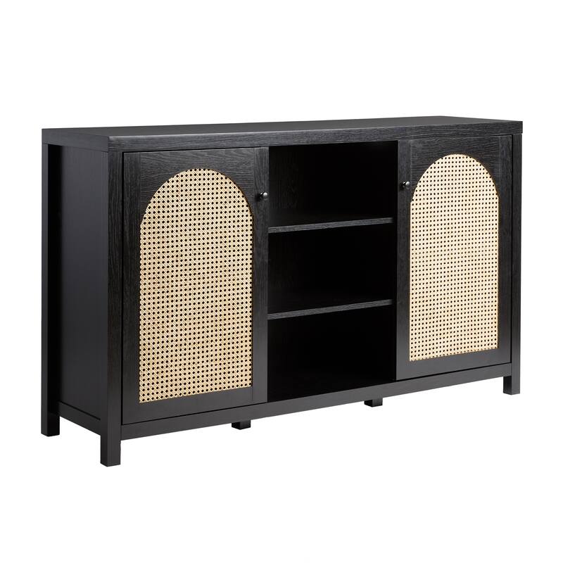 Transitional 58" 2-Door Sideboard with Arched Rattan Panels for Living Room, Bedroom and Office - Black
