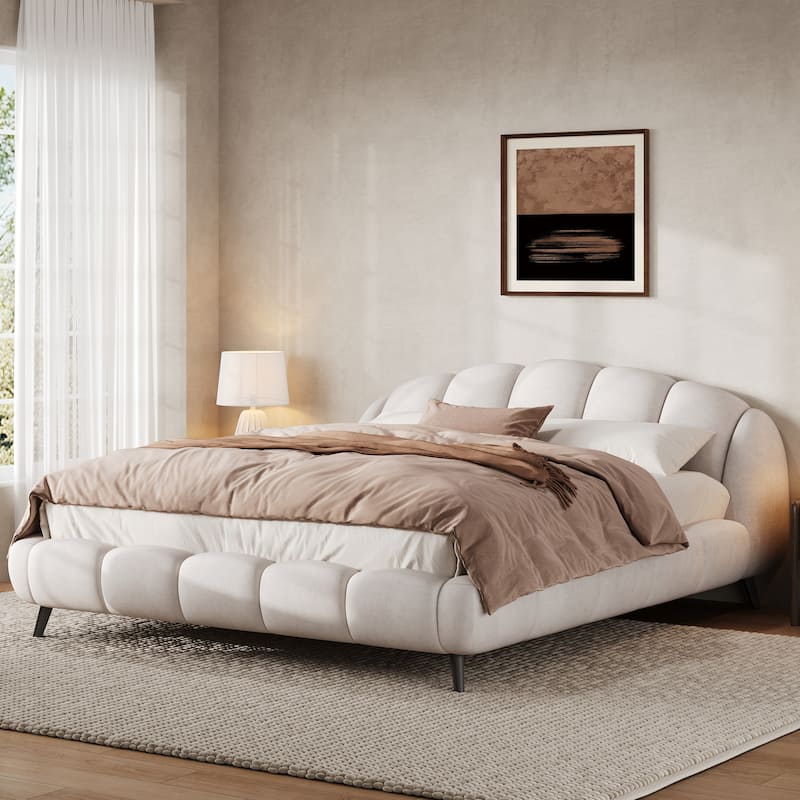 Christopher Knight Home - Alexander King Upholstered Platform Bed with Shell-Shape Headboard and Solid Wood Frame - Beige - King