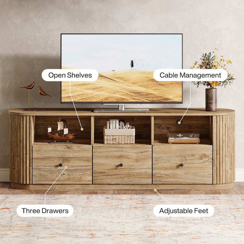 70.8" Wood TV Stand for TVs up to 80 Inch, Farmhouse Entertainment Center with 3 Drawer and Open Storage Shelves