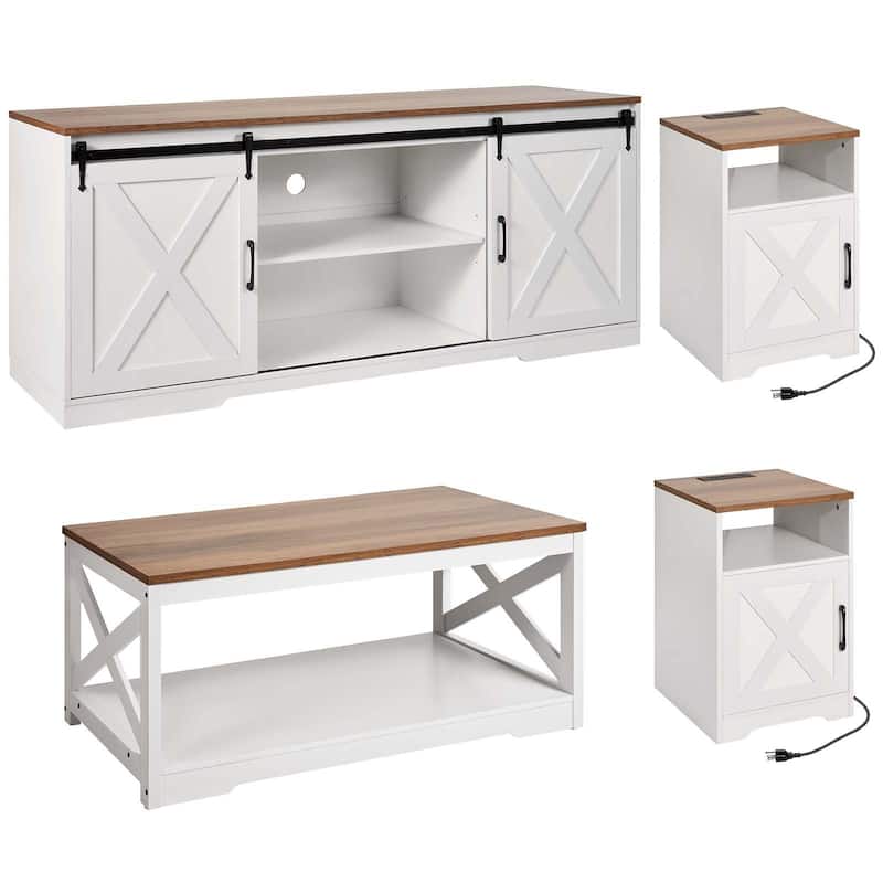 4-Piece Living Room Table Set with TV Stand Coffee Table and Side Tables with USB Charging Station - 40” x 21.7” x 18”