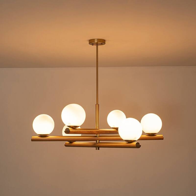 Mid-Century 6-Light Wood-trim Frosted Glass Linear Chandelier - 36.0 in