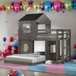 Wooden Twin Over Full Bunk Bed Loft Bed With Playhouse,Ladder and Guardrails