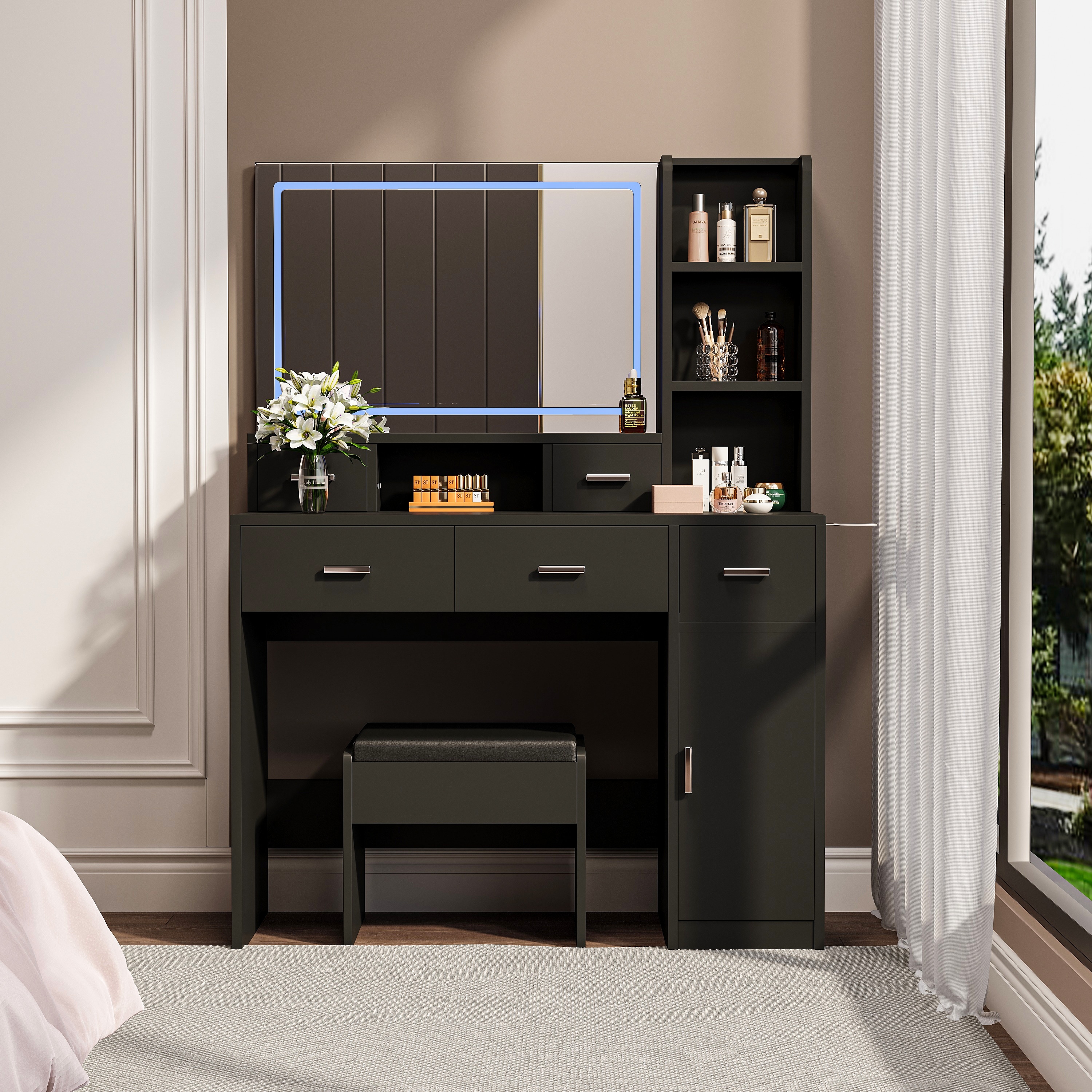 black dressing table with storage Adeline Glass Top Storage Makeup Dressing Table Desk in Black